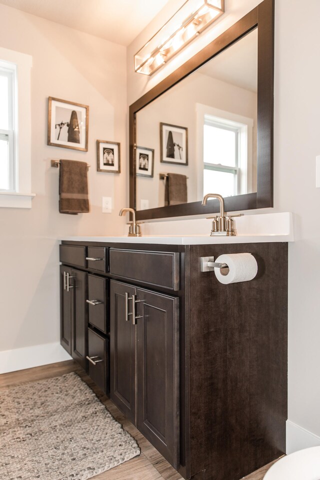 bathroom featuring vanity and hardwood / wood-style floors