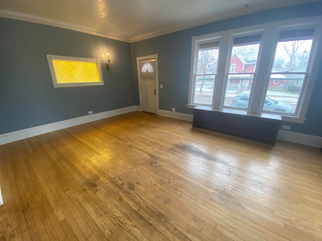 interior space with crown molding and light hardwood / wood-style flooring