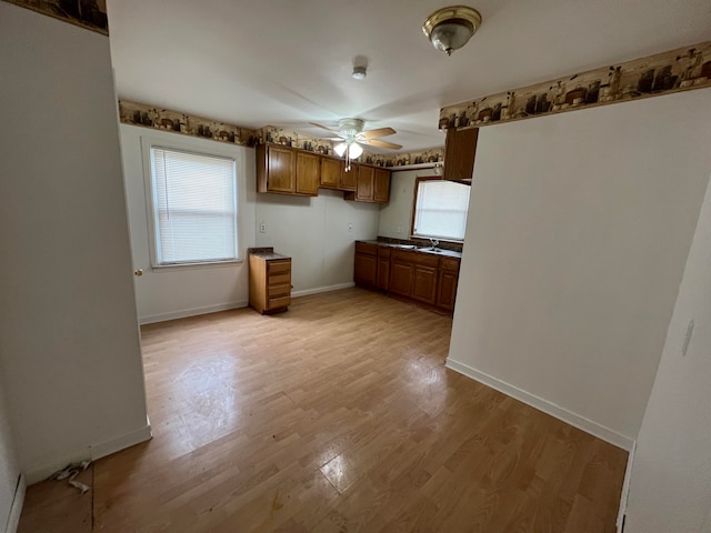 kitchen with sink, light wood-type flooring, and ceiling fan