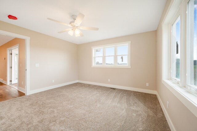 empty room featuring a wealth of natural light, ceiling fan, and carpet flooring