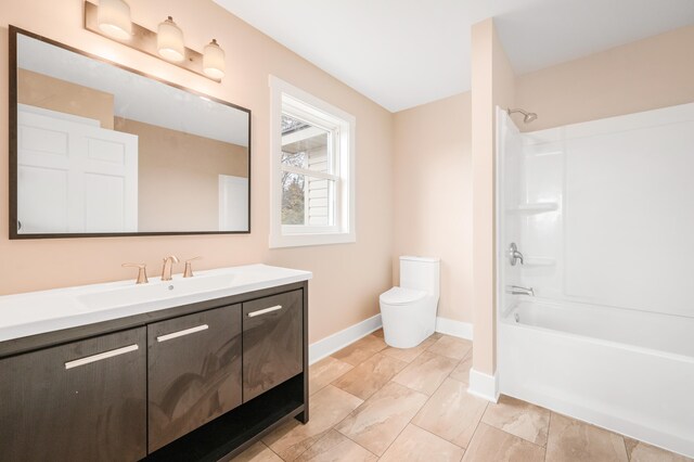 full bathroom with toilet, vanity, and bathing tub / shower combination