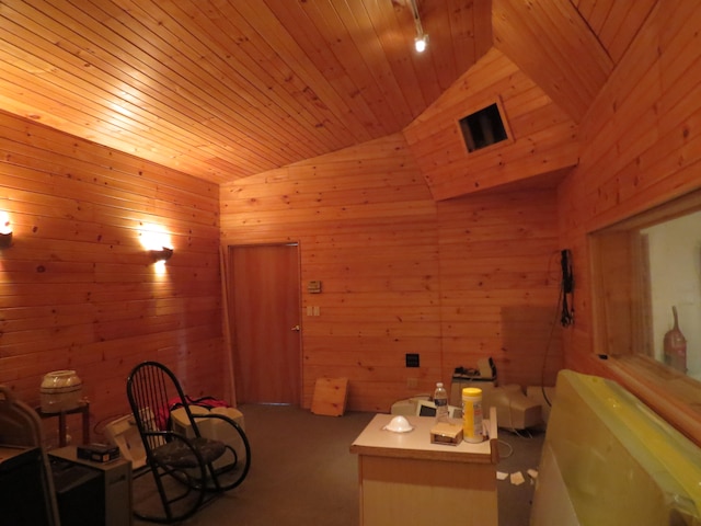 bathroom with wooden ceiling, vaulted ceiling, and wooden walls