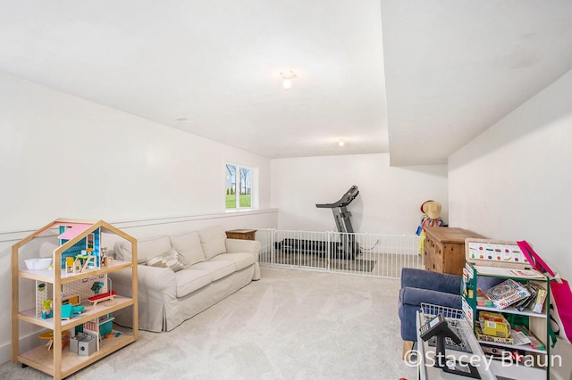 game room with light colored carpet