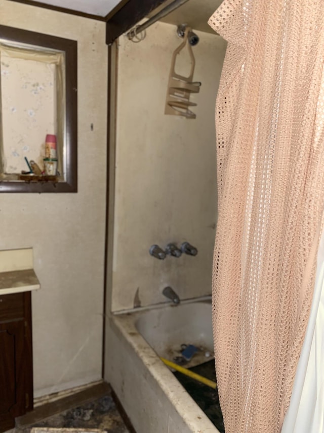 bathroom with shower / tub combo with curtain and vanity