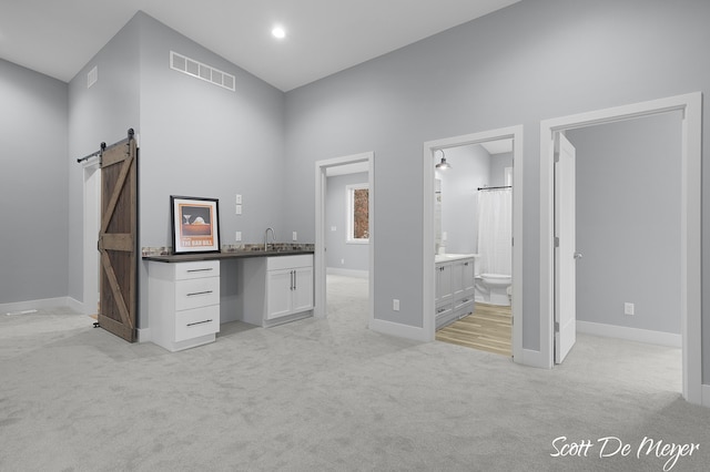 interior space featuring high vaulted ceiling, light colored carpet, a barn door, and sink