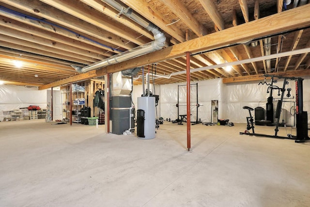 basement with water heater and heating unit