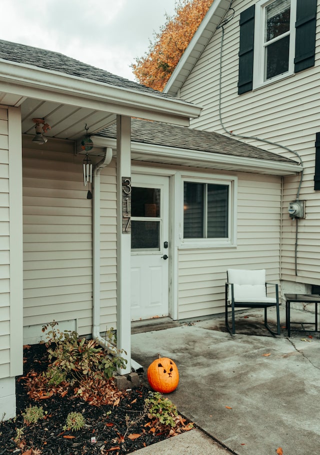 view of exterior entry featuring a patio area