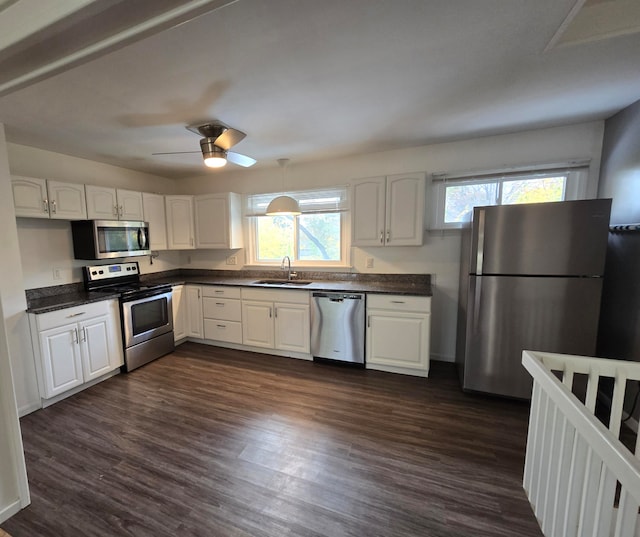 kitchen with white cabinetry, sink, ceiling fan, dark wood-type flooring, and stainless steel appliances