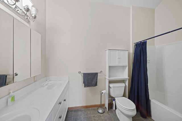 full bathroom with toilet, vanity, shower / bath combination with curtain, and tile patterned floors