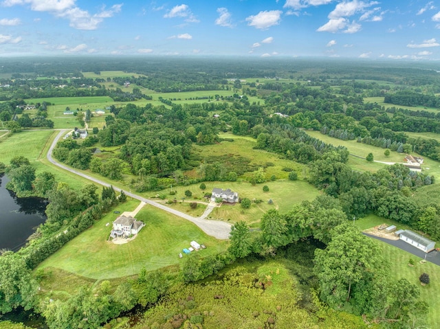 bird's eye view with a water view and a rural view