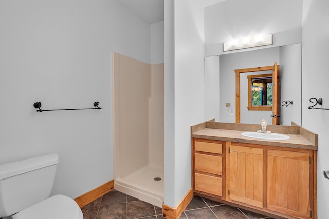 bathroom featuring vanity, tile patterned floors, toilet, and a shower