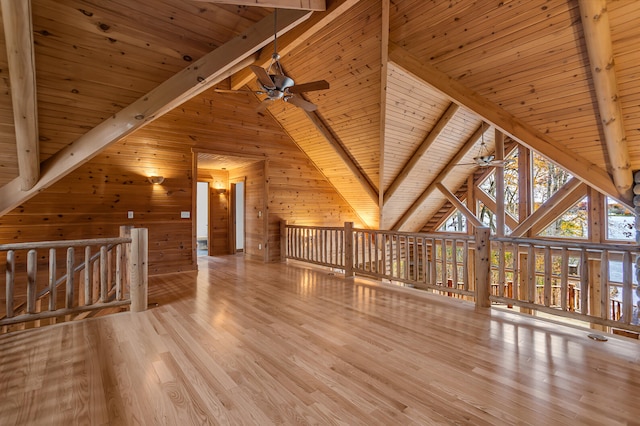 additional living space with light wood-type flooring, wood walls, and beamed ceiling