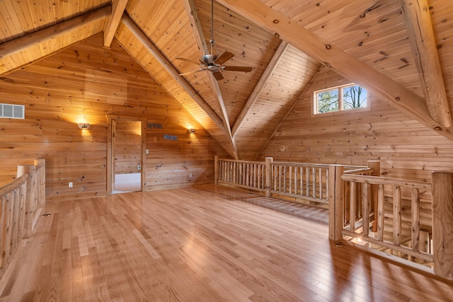 bonus room with wooden walls, wooden ceiling, ceiling fan, light wood-type flooring, and lofted ceiling with beams