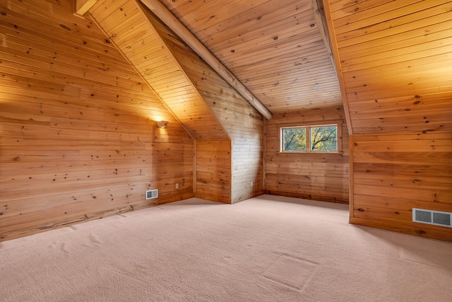 bonus room with vaulted ceiling with beams, carpet floors, wooden walls, and wood ceiling