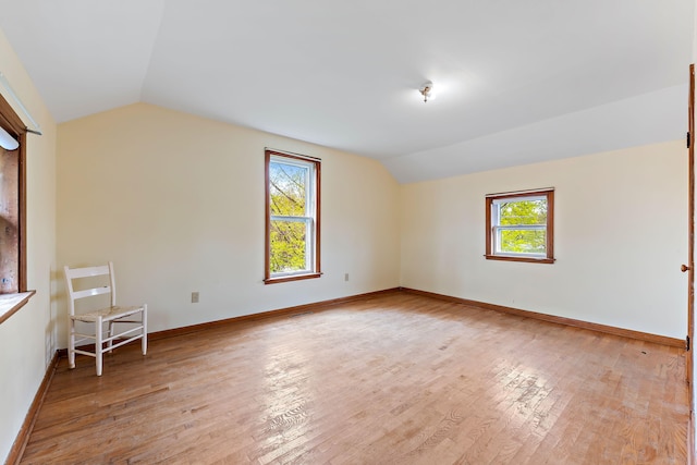 spare room featuring light hardwood / wood-style floors, lofted ceiling, and a healthy amount of sunlight