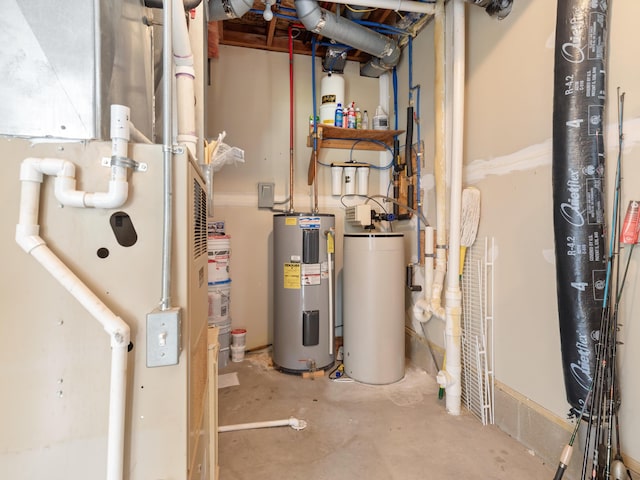 87 S Center St, Beulah, MI 49617 - utility room featuring electric water heater, heating unit, and water heater
