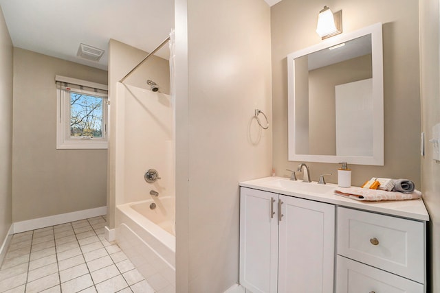 bathroom with vanity, tile patterned flooring, and bathing tub / shower combination