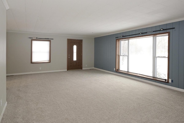 interior space featuring carpet flooring, wooden walls, a wealth of natural light, and crown molding