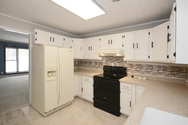 kitchen featuring white cabinets, white refrigerator with ice dispenser, and black range with electric cooktop