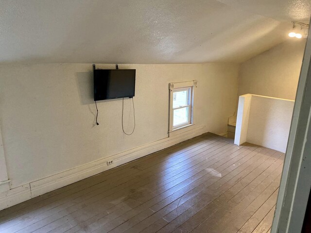 additional living space with a textured ceiling, vaulted ceiling, and wood-type flooring