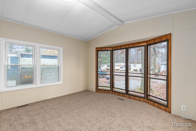 carpeted empty room featuring lofted ceiling with beams, a wealth of natural light, and wooden walls