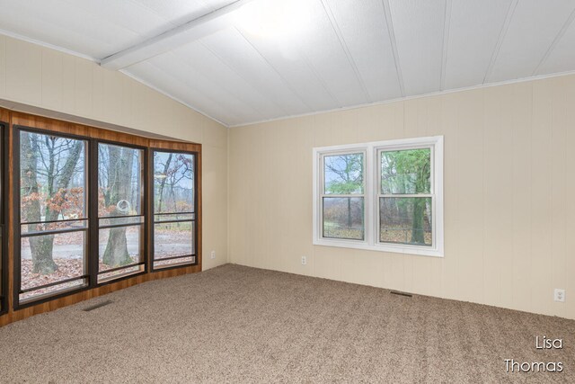 carpeted spare room featuring plenty of natural light, vaulted ceiling with beams, and ornamental molding