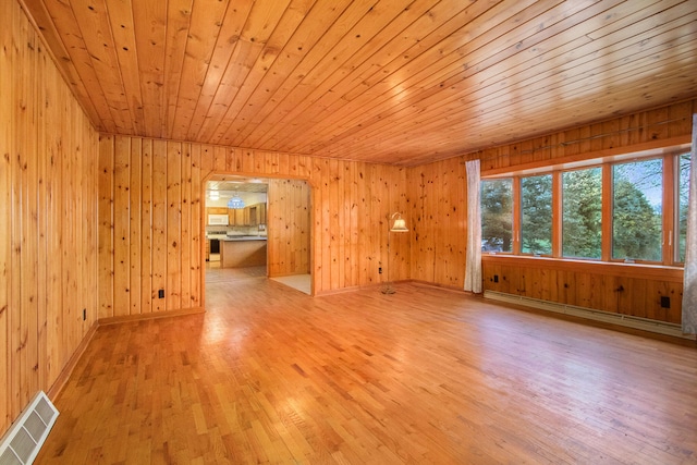 unfurnished room featuring wooden walls, light wood-type flooring, and wood ceiling