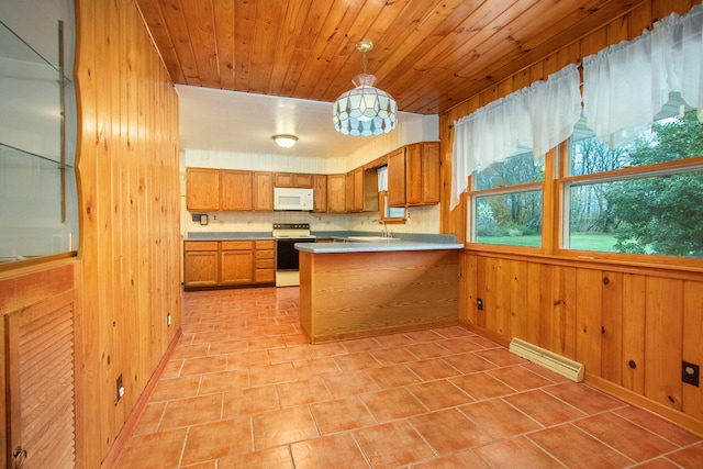 kitchen with wood walls, sink, kitchen peninsula, white appliances, and pendant lighting