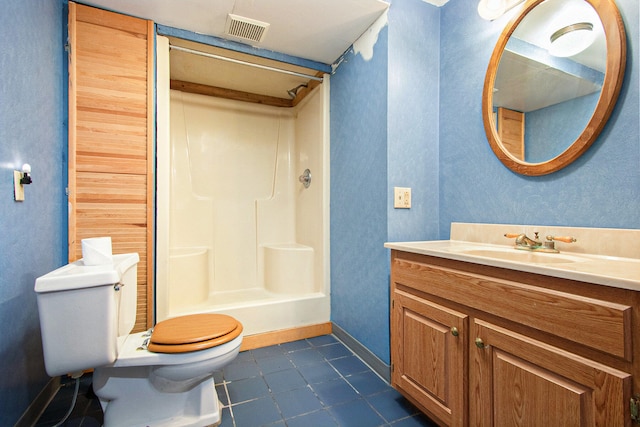 full bathroom with toilet, shower / tub combination, vanity, and tile patterned flooring