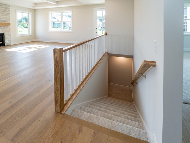 stairway featuring a stone fireplace and hardwood / wood-style floors