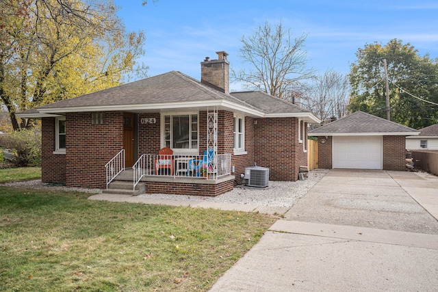 view of front of property with central AC unit, a porch, and a front yard