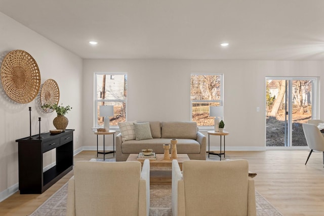 living room featuring light wood-type flooring and a wealth of natural light