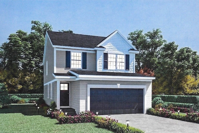 view of front of home featuring a garage and a front lawn