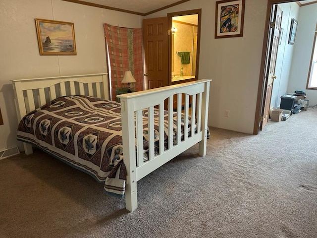 carpeted bedroom featuring ornamental molding