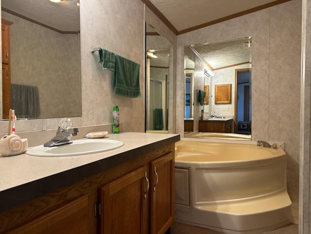 bathroom with a washtub, vanity, a textured ceiling, and crown molding