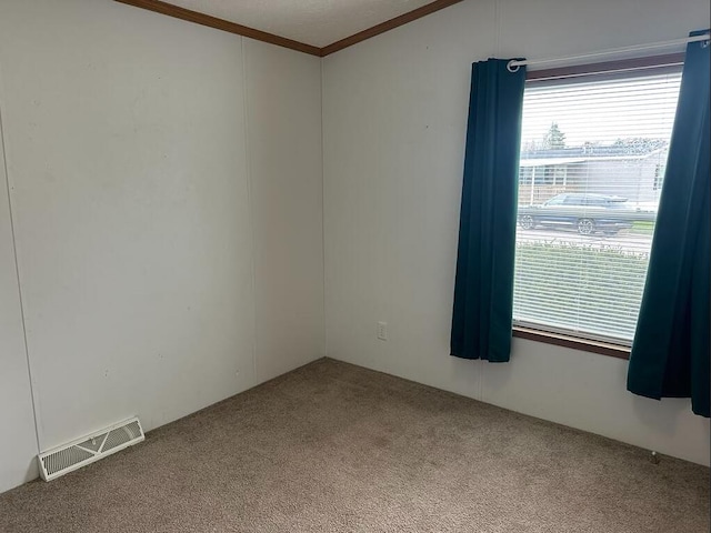 carpeted empty room featuring crown molding