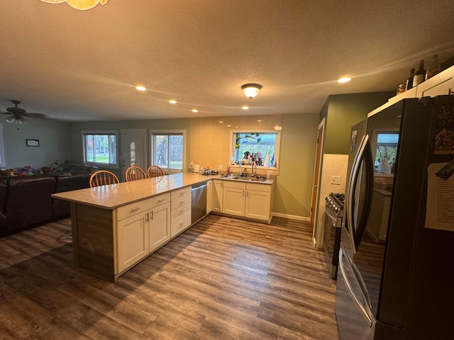 kitchen featuring white cabinetry, kitchen peninsula, appliances with stainless steel finishes, and dark hardwood / wood-style flooring