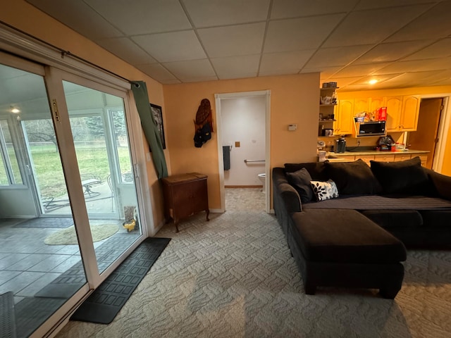 living room featuring a drop ceiling and light carpet