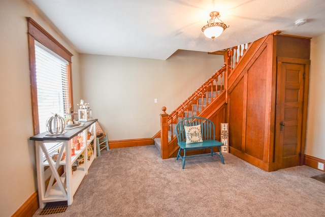 sitting room featuring light carpet