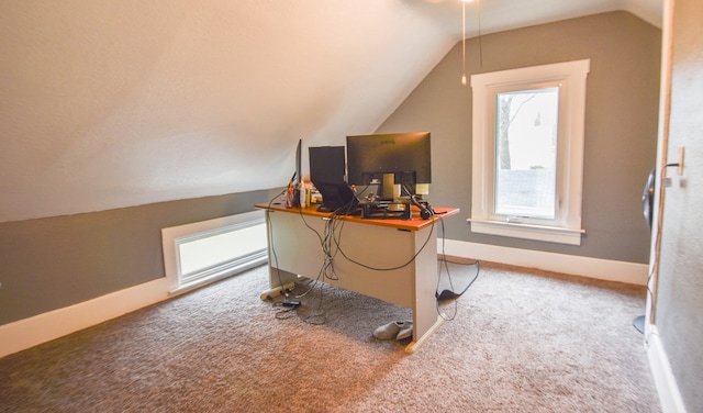 office featuring carpet flooring and lofted ceiling