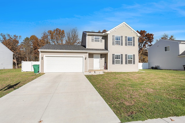 view of front facade featuring a garage and a front lawn