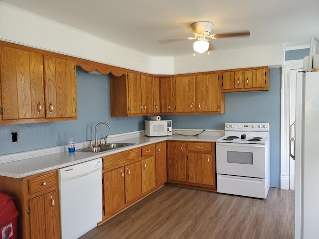 kitchen with white appliances, ceiling fan, sink, and dark hardwood / wood-style flooring