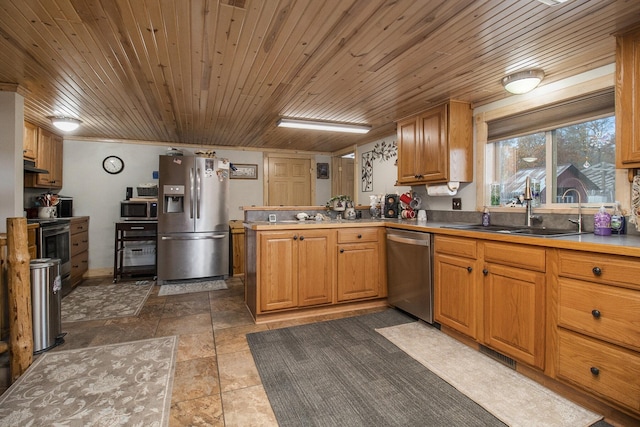 kitchen with sink, kitchen peninsula, stainless steel appliances, and wood ceiling