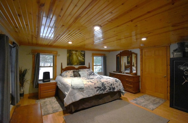 bedroom featuring wood ceiling and light hardwood / wood-style floors