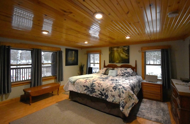 bedroom with hardwood / wood-style flooring and wood ceiling