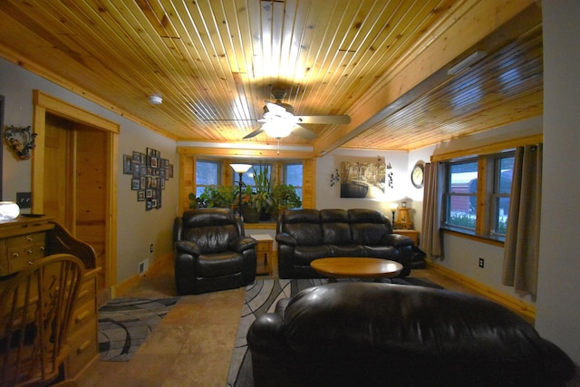 living room with a wealth of natural light, ceiling fan, and wood ceiling