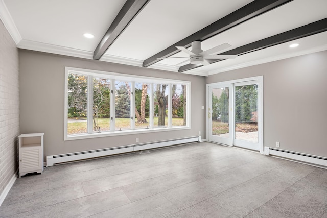 unfurnished room featuring a baseboard radiator, ceiling fan, crown molding, and beam ceiling