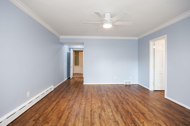 empty room with ornamental molding, a baseboard radiator, dark wood-type flooring, and ceiling fan