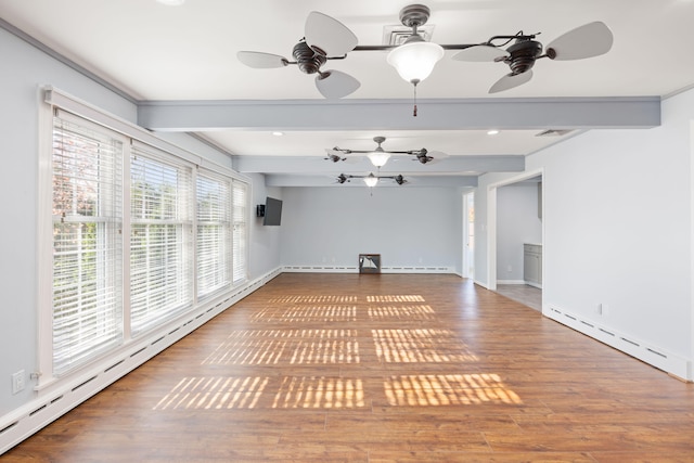 unfurnished living room with hardwood / wood-style floors, baseboard heating, and ceiling fan