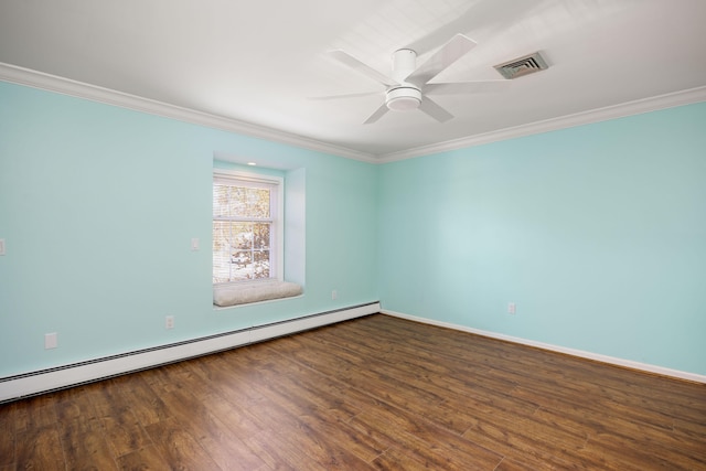 empty room with wood-type flooring, baseboard heating, and ornamental molding